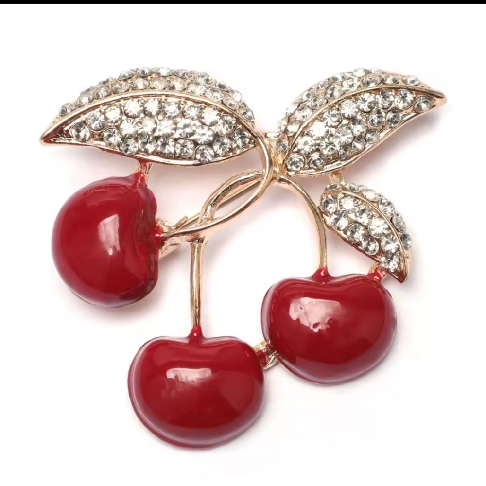 New! Cherry Brooch with Red and Gold Accents • NWOT